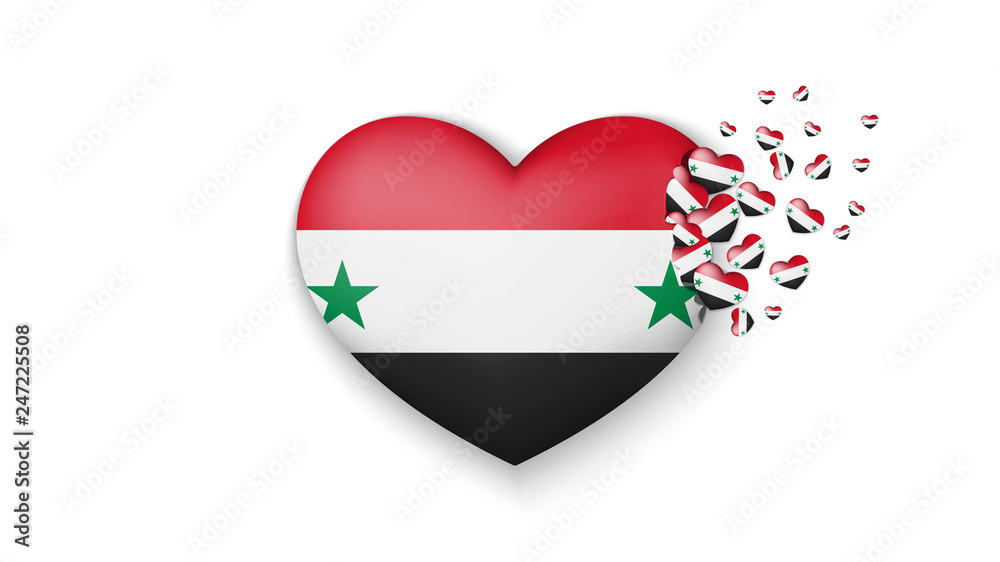 With love to Syria country. The national flag of Syria fly out small hearts on white background