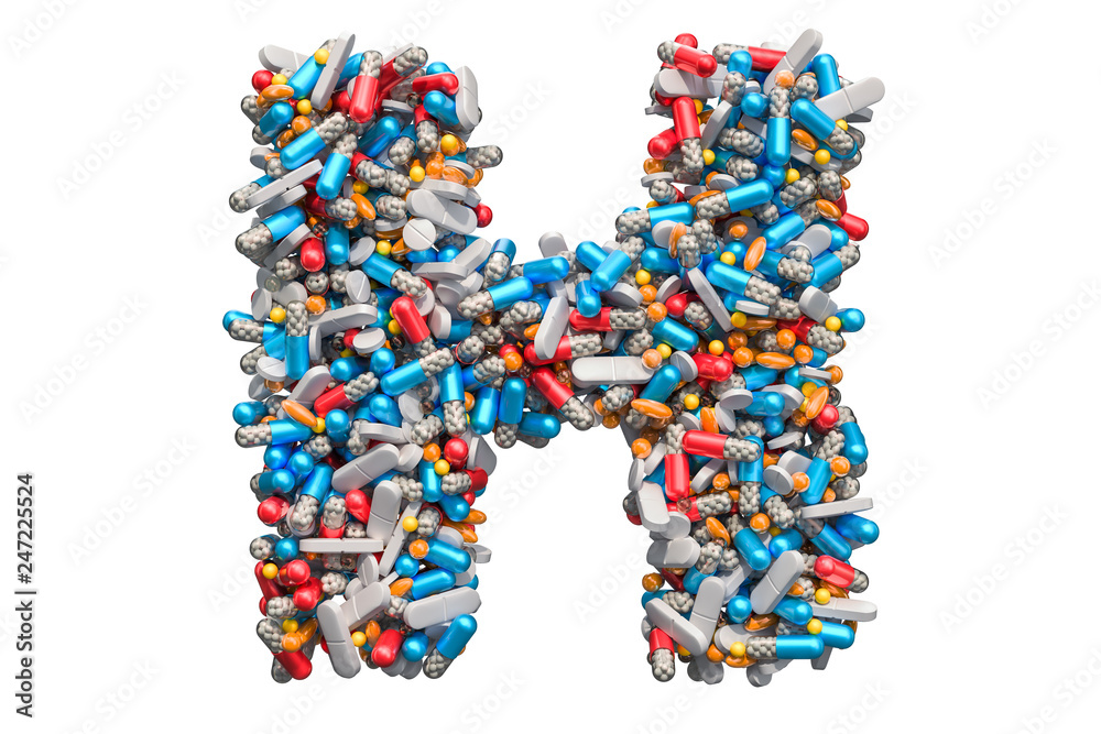 Letter H from medicine pills, capsules, tablets. 3D rendering