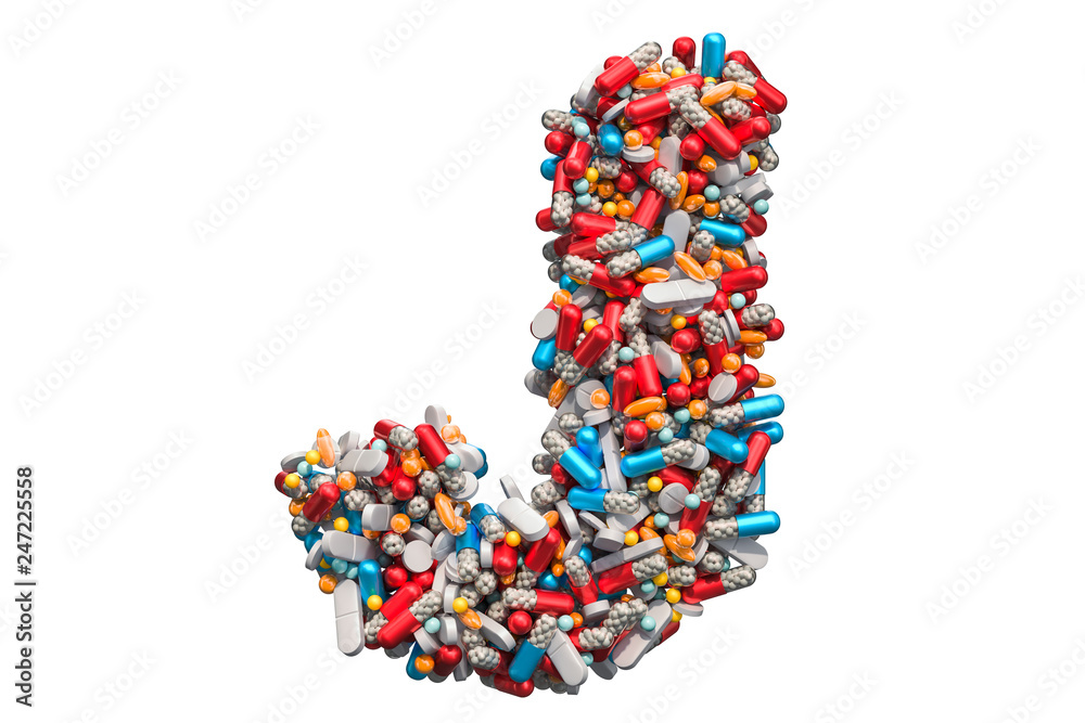 Letter J from medicine pills, capsules, tablets. 3D rendering Letter J from medicine pills, capsules, tablets. 3D rendering
