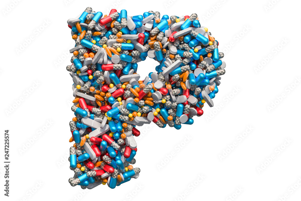 Letter P from medicine pills, capsules, tablets. 3D rendering
