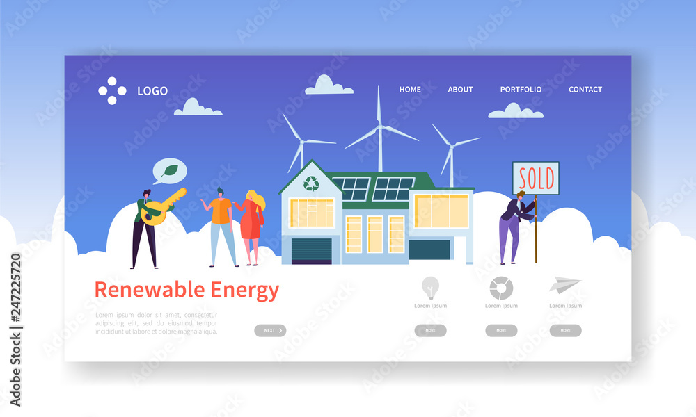 Green Renewable Solar and Wind Energy Landing Page. Eco House Concept with Happy People Buying Windmill Electric Power Home. Real Estate Agent Website or Web Page. Flat Cartoon Vector Illustration