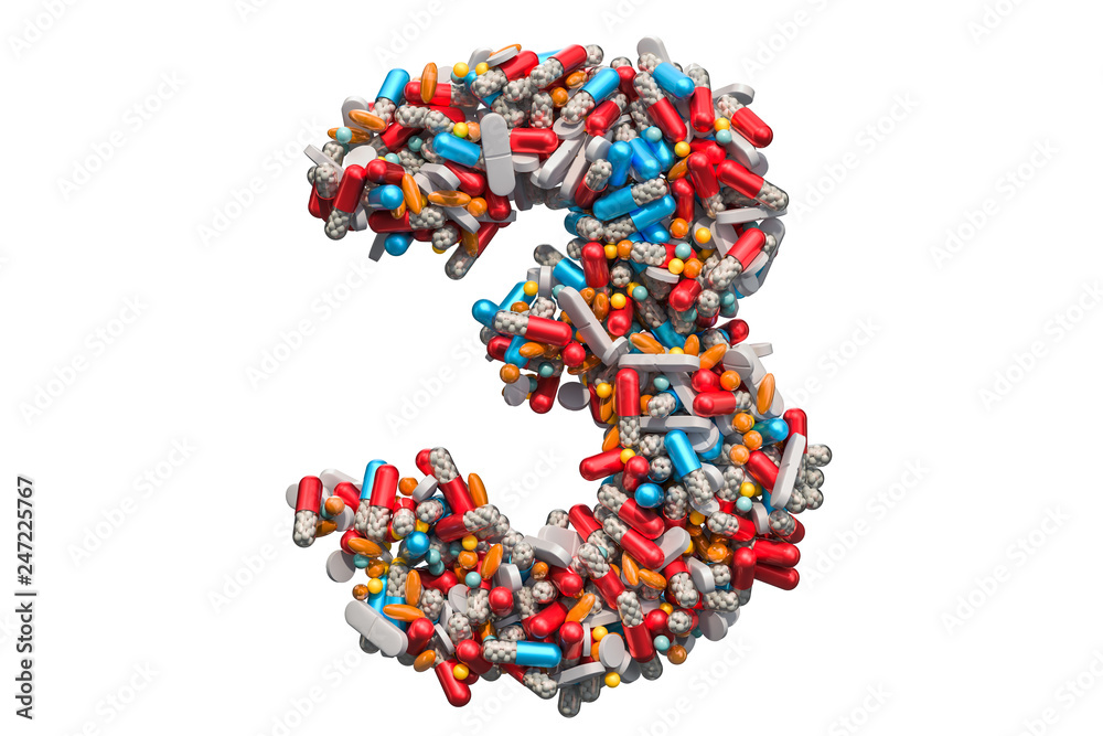 Number 3 from medicine pills, capsules, tablets. 3D rendering