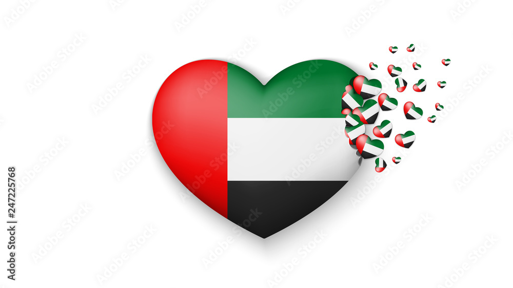 National flag of United Arab Emirates in heart illustration. With love to United Arab Emirates country. The national flag of United Arab Emirates fly out small hearts on white background National flag of United Arab Emirates in heart illustration. With love to United Arab Emirates country. The national flag of United Arab Emirates fly out small hearts on white background