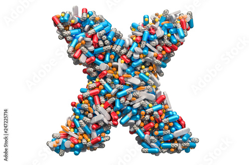 Letter X from medicine pills, capsules, tablets. 3D rendering