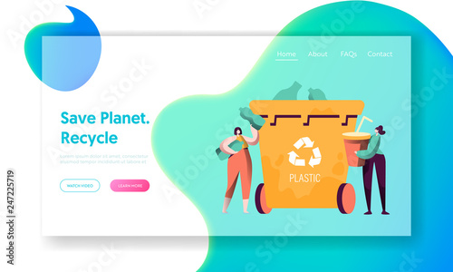 Recycle Sort Plastic Rubbish Landing Page. Woman Throw Away Cup to Trash Bin for Separation to Reduce Environment Pollution. Renew Garbage Website or Web Page. Flat Cartoon Vector Illustration