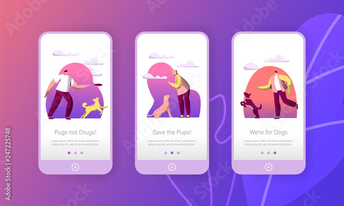 Dog Play with Man Owner Outdoor Mobile App Page Onboard Screen Set. Happy Pet Walk in Park. Canine Puppy Lifestyle Concept for Website or Web Page. Flat Cartoon Vector Illustration