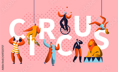 Circus Carnival Show Character Typography Horizontal Poster. Magician and Unicycle Juggler Entertainment. Funny Costume Strongman Colorful Advertising Letter Banner Flat Cartoon Vector Illustration