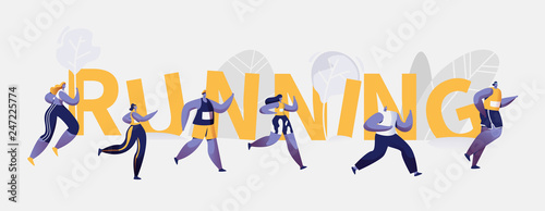 People Marathon Running Sport Competition Typography Banner. People Jogging at Training Club. Healthy Active Speed Exercise Concept Advertising Poster Design Flat Cartoon Vector Illustration
