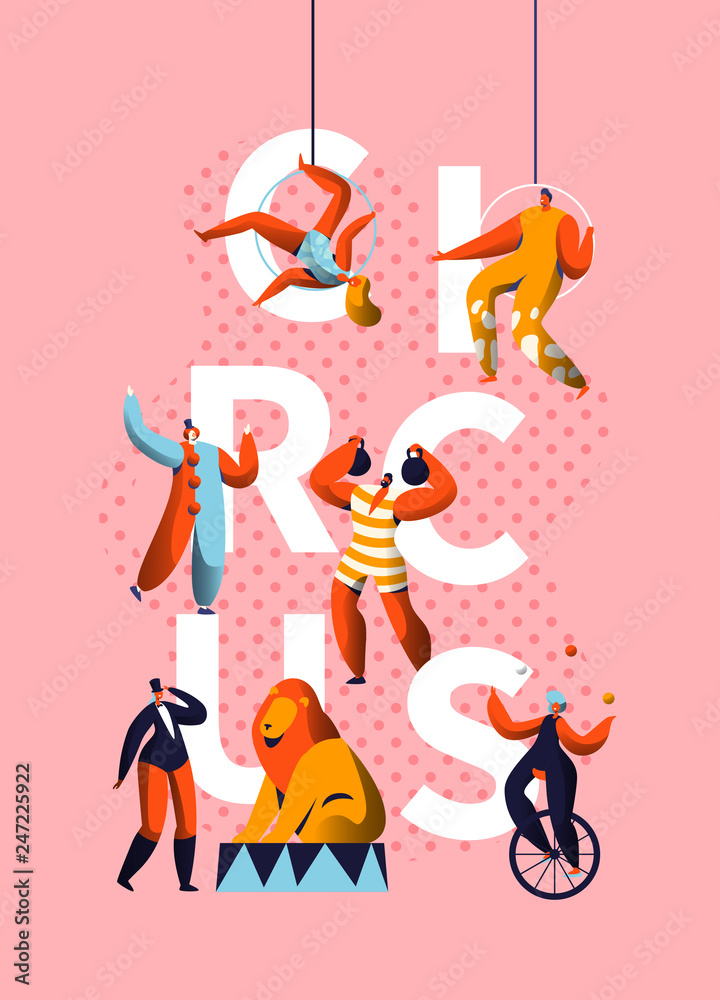Circus Carnival Clown Character Typography Banner. Magician and Unicycle Juggler Performance. Comedy Costume Harlequin Show Advertising Vertical Poster Design Flat Cartoon Vector Illustration