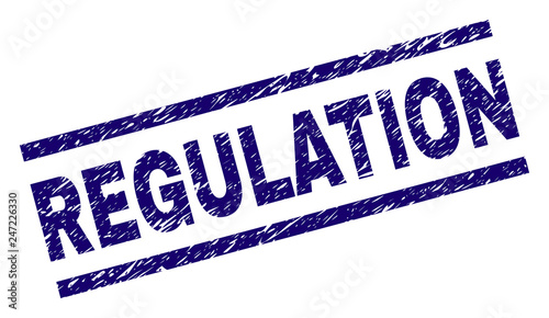 REGULATION seal print with grunge style. Blue vector rubber print of REGULATION text with unclean texture. Text title is placed between parallel lines.