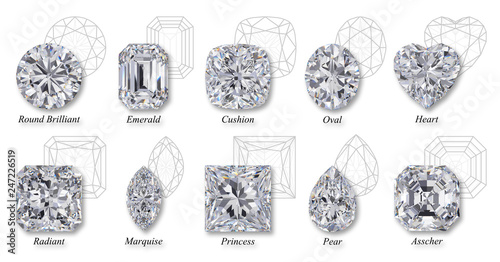 Ten the most popular diamond cut styles with faced diagrams, titles, isolated on white background
