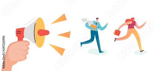 Business Characters Running to Work Office. Boss Shouting in Loudspeaker Employees Rush. Deadline Overtime Concept. Vector illustration