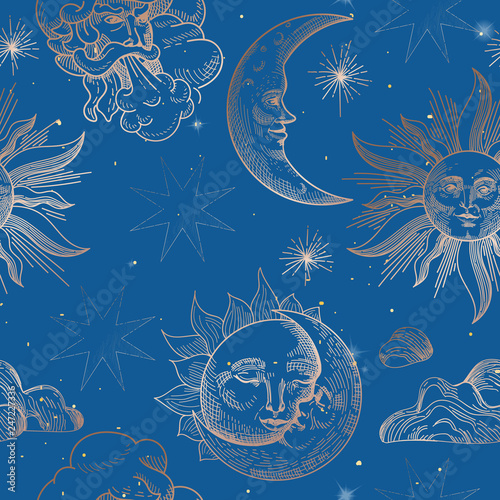 Sun and Moon Vintage Seamless Pattern. Oriental Style Background with Stars and Celestial Astrological Symbols for Fabric, Wallpaper, Decoration. Vector illustration