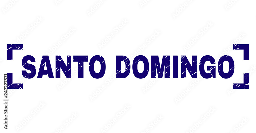 SANTO DOMINGO tag seal print with distress texture. Text caption is placed inside corners. Blue vector rubber print of SANTO DOMINGO with dust texture.