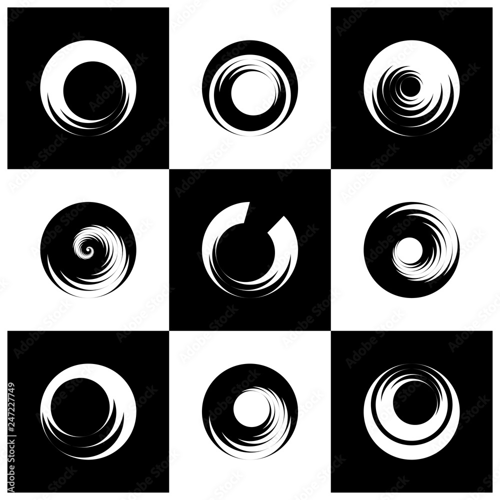 Circle design elements with spiral motion. Abstract black and white icons. Circle design elements with spiral motion. Abstract black and white icons.
