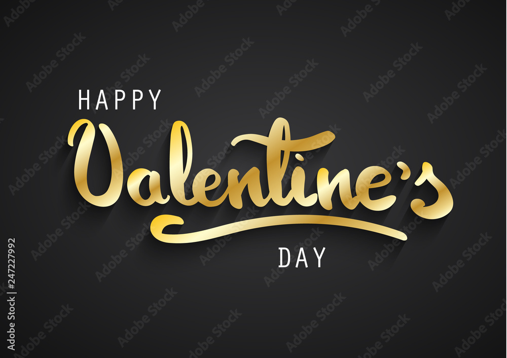 Happy Valentines Day greeting card. Happy Valentines hand lettering. Gold letters on black background.