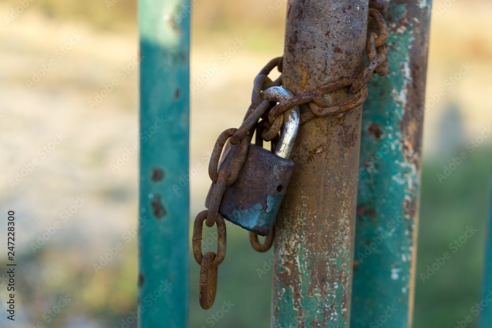 Padlock on the gate in the meadow fence. Slovakia Padlock on the gate in the meadow fence. Slovakia