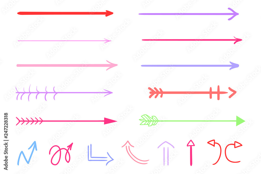 Fototapeta premium Colored infographic elements isolated on white. Set of sketchy indicator signs. Tangled hand drawn simple pointers. Line art. Abstract arrows. Symbols for work