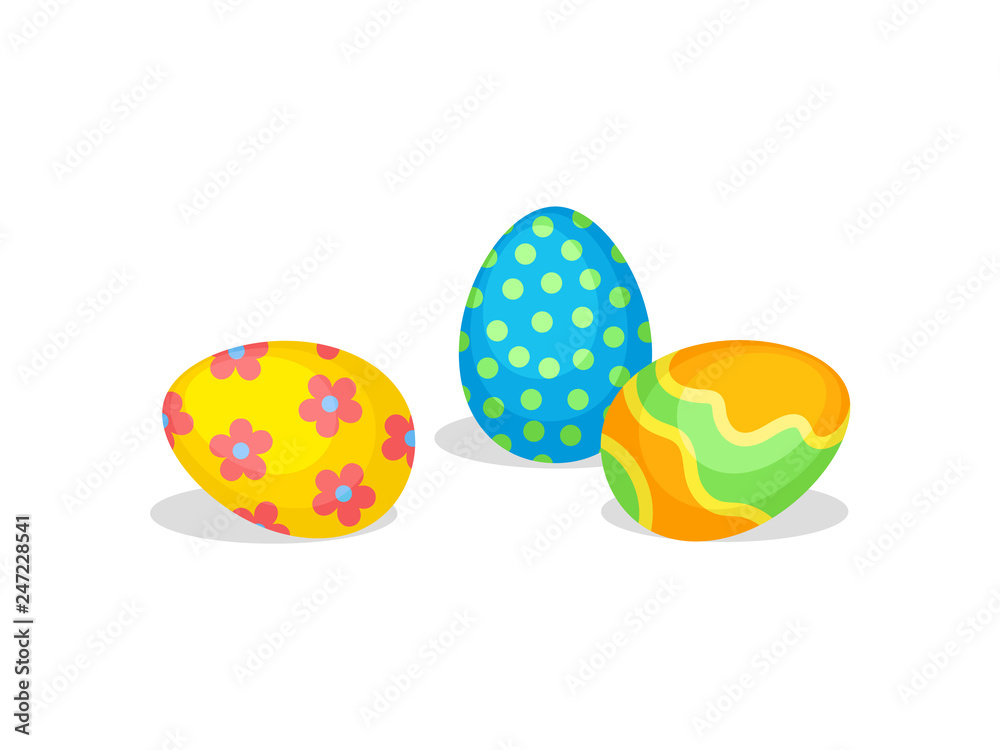 Cute eggs with ornaments. Traditional treats for Easter. Spring holiday. Flat vector design Cute eggs with ornaments. Traditional treats for Easter. Spring holiday. Flat vector design