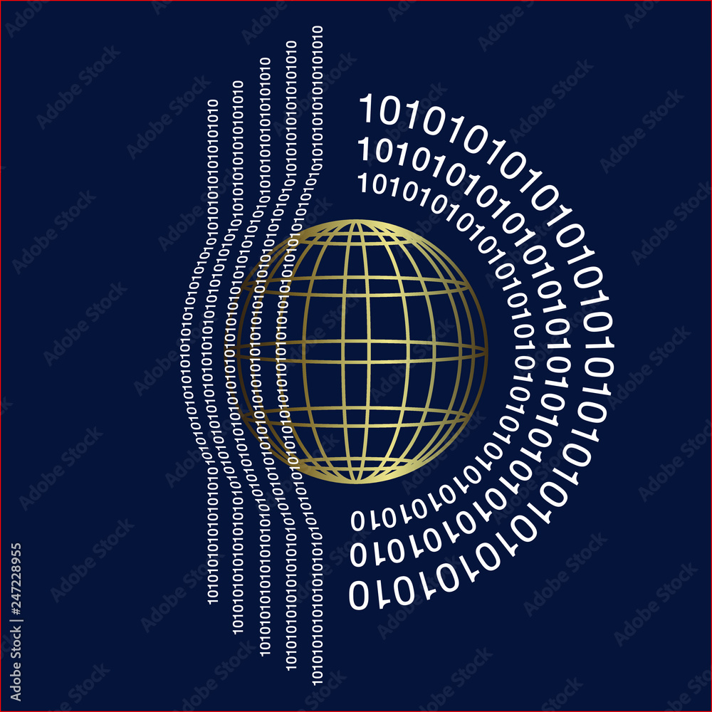 Logo pour une entreprise d'informatique composé d'une sphère or sur un fond  bleu nuit entourée des chiffres du code de base de l'informatique 0 et 1.  Stock Vector | Adobe Stock