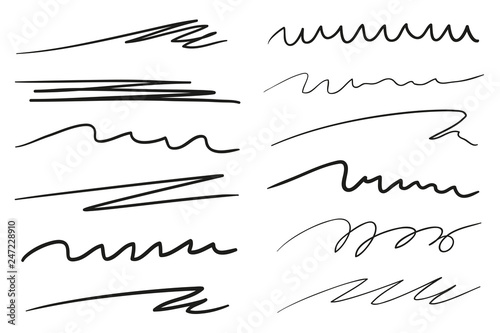 Infographic elements isolated on white. Set of different sketchy shapes and underlines elements. Array of lines. Stroke chaotic backdrops. Hand drawn patterns. Black and white illustration