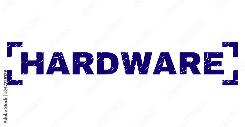 HARDWARE label seal stamp with corroded texture. Text label is placed inside corners. Blue vector rubber print of HARDWARE with grunge texture. HARDWARE label seal stamp with corroded texture. Text label is placed inside corners. Blue vector rubber print of HARDWARE with grunge texture.