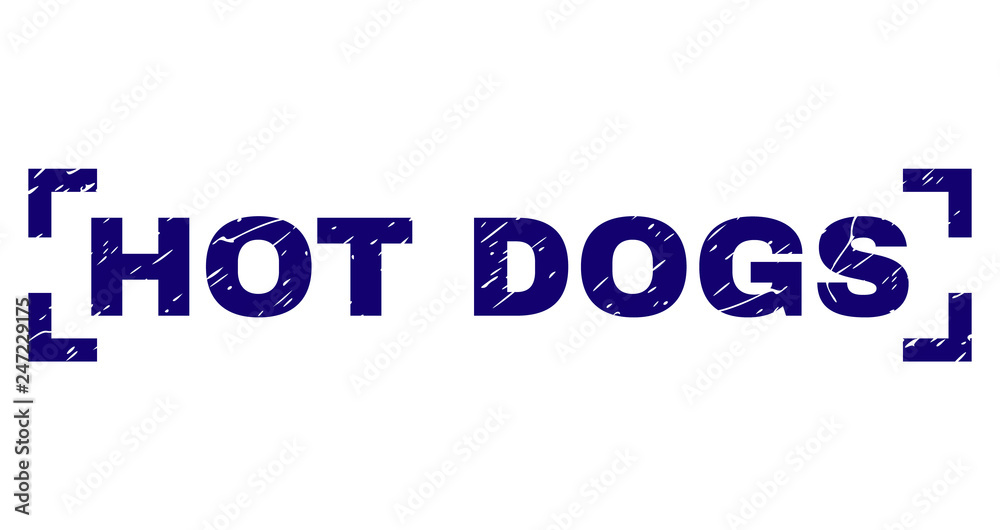 HOT DOGS text seal print with grunge texture. Text tag is placed between corners. Blue vector rubber print of HOT DOGS with dust texture.