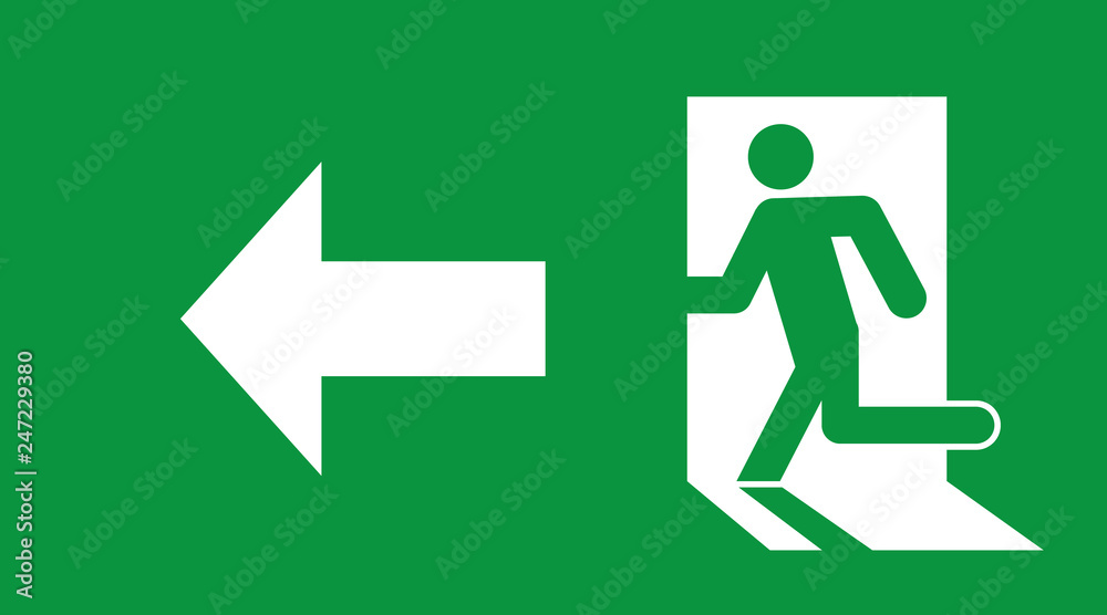 Green emergency exit sign on white Green emergency exit sign on white