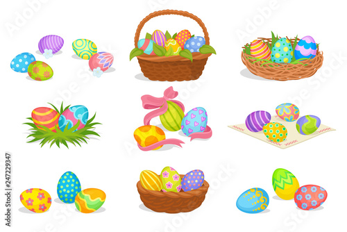 Flat vector set of cute Easter compositions. Painted eggs in baskets and nest. Spring holiday