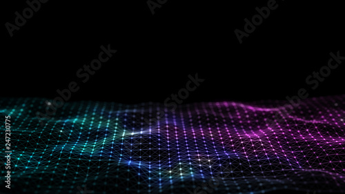 3d abstract digital technology background. Futuristic sci-fi user interface concept with gradient dots and lines. Big data, artificial intelligence, music hud. Blockchain and cryptocurrency