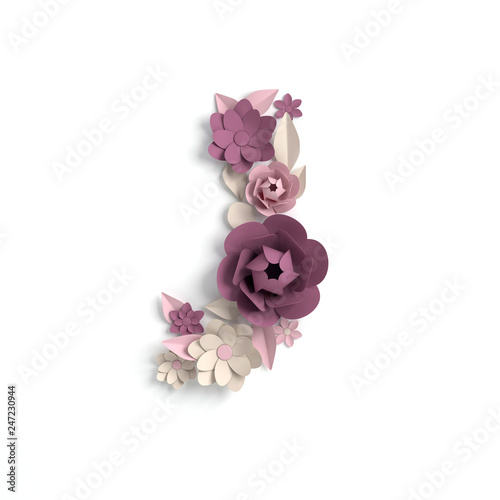 Paper flower alphabet letter J 3d render. Pastel colored flowers in modern paper art origami style. Flat lay digital illustration. Isolated on white
