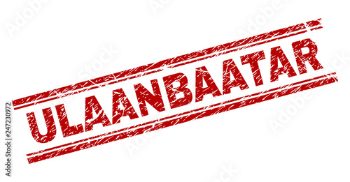 ULAANBAATAR seal print with distress texture. Red vector rubber print of ULAANBAATAR label with unclean texture. Text label is placed between double parallel lines.