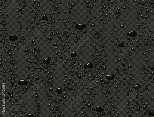 Water rain drops or steam shower isolated on dark transparent background. Realistic black droplets condensed on glass surface. Vector ink, paint splatter or oil bubbles template.