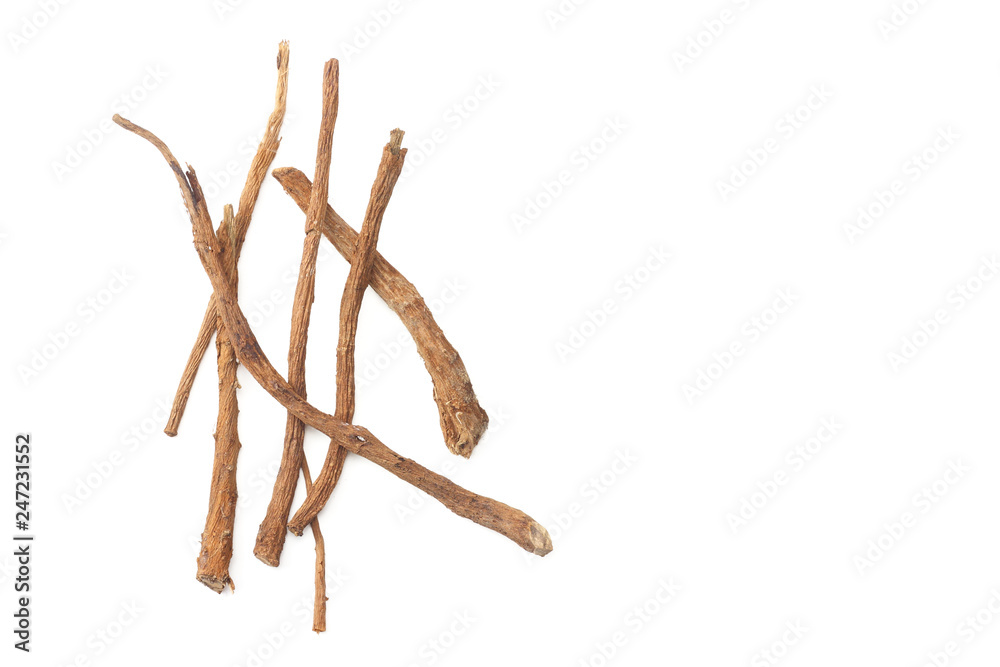 licorice roots isolated on white background. top view licorice roots isolated on white background. top view