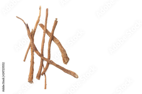 licorice roots isolated on white background. top view