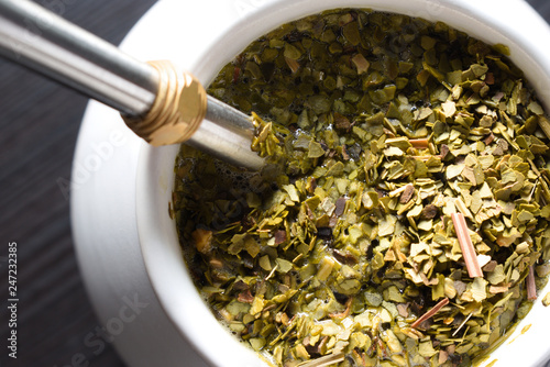 Yerba mate green tea, brewing tea, leaf tea, background photo © equos