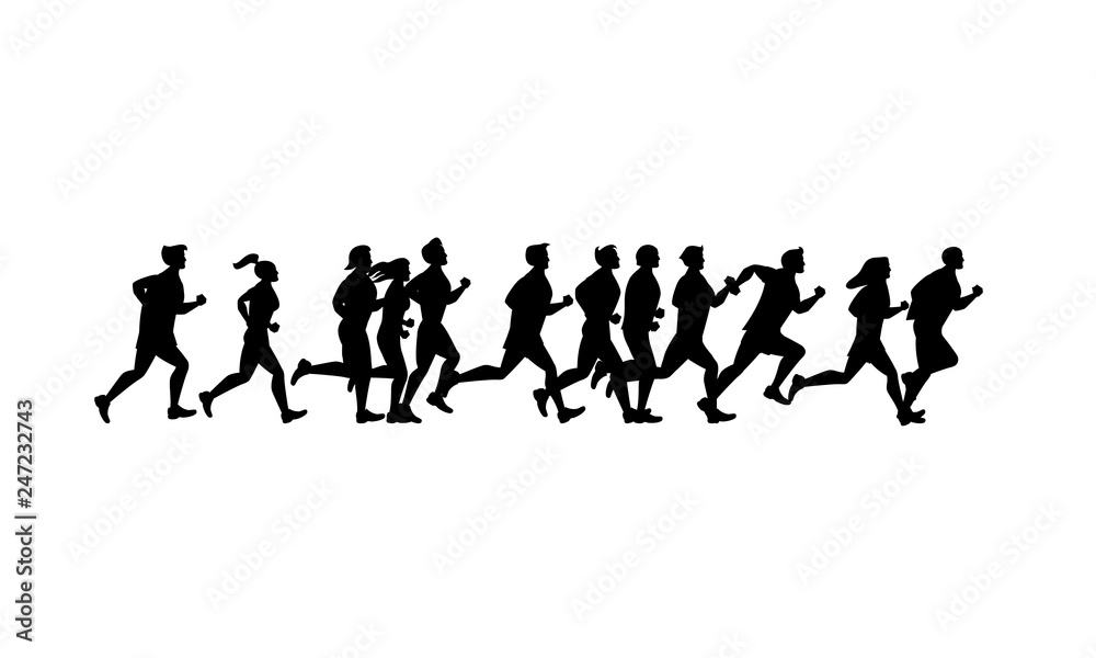 Cartoon Silhouette Black Jogging Characters People. Vector
