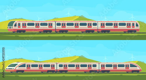Two passanger modern electric high-speed train with nature landscape in a hilly area. Vector illustation. Railway transport.