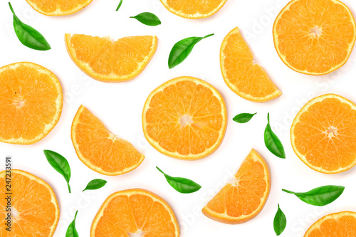 Slices of orange or tangerine with leaves isolated on white background. Flat lay  top view. Fruit composition