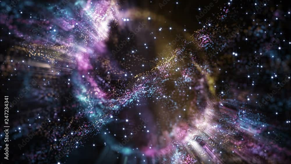 4K Abstract motion background animation shining particles stars sparks and magic dust forming in space wave flow with light rays and projections seamless loop