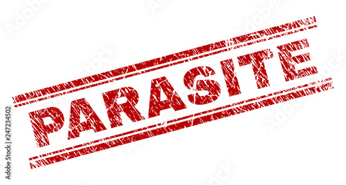 PARASITE seal watermark with corroded style. Red vector rubber print of PARASITE text with corroded texture. Text label is placed between double parallel lines.