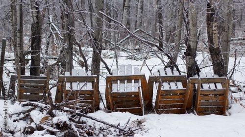 Old adirondack chairs lying in forest