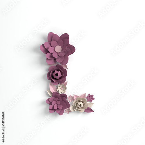 Paper flower alphabet letter L 3d render. Pastel colored flowers in modern paper art origami style. Flat lay digital illustration. Isolated on white
