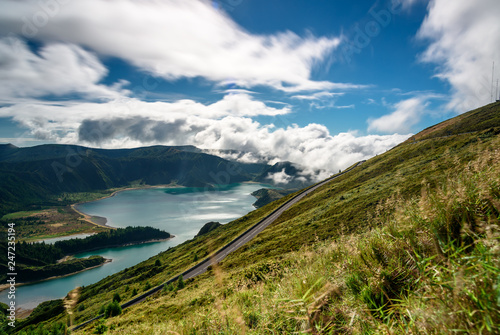view of the lake of fire, panorama of the lagoa do fogo (lake of fire) in azores portugal