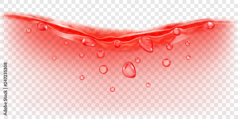 Translucent water wave in red colors with air bubbles and drops ...