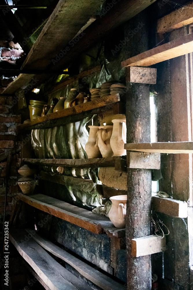 Ceramic pots, objects and tools from a potter workshop