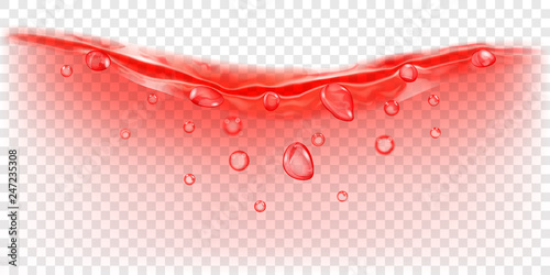 Translucent water wave in red colors with air bubbles and drops, isolated on transparent background. Transparency only in vector file