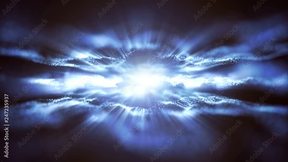 4K Abstract motion background animation shining particles stars sparks and magic dust forming in space wave flow with light rays and projections seamless loop