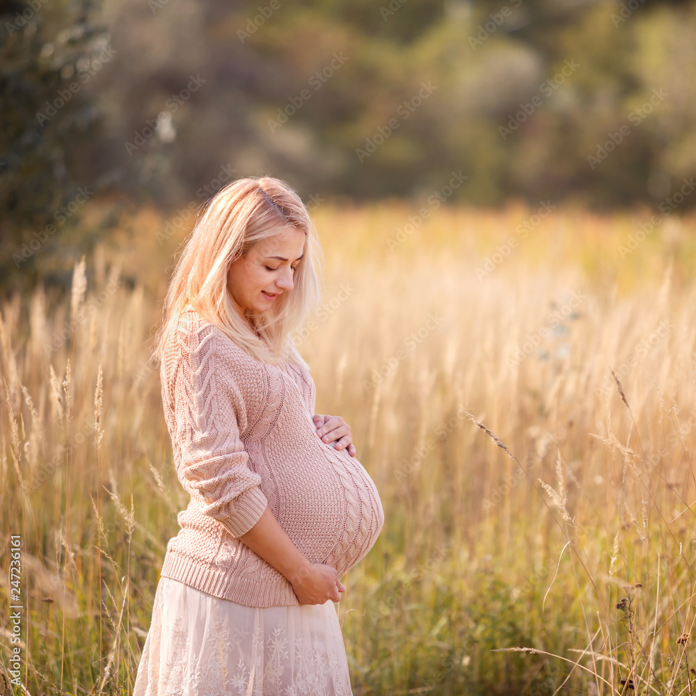 Pretty young pregnant woman hugging her pregnant belly in park in beautiful sunny day. Family, motherhood, love, health, innocence and care Pretty young pregnant woman hugging her pregnant belly in park in beautiful sunny day. Family, motherhood, love, health, innocence and care