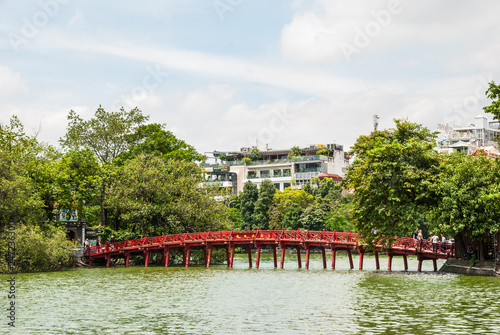 The huc bridge in the Hoan Kiem lake, Hanoi, Vietnam photo